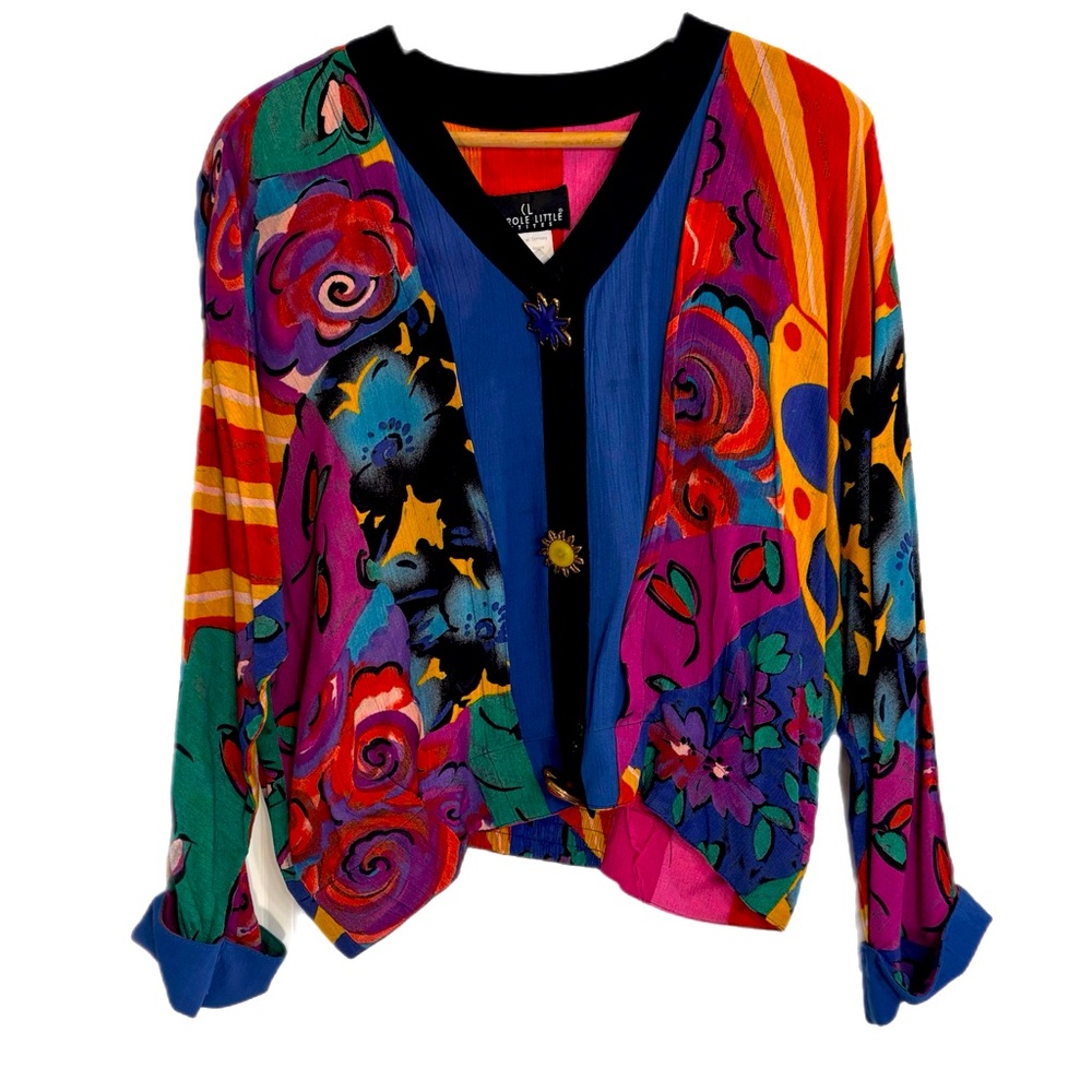 Vintage Carole Little avant garde colorful abstract long sleeve blouse